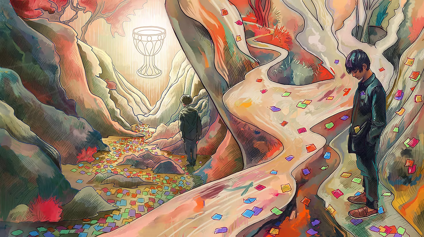Two figures on winding, sticky-note-strewn paths leading toward a glowing chalice in the distance.