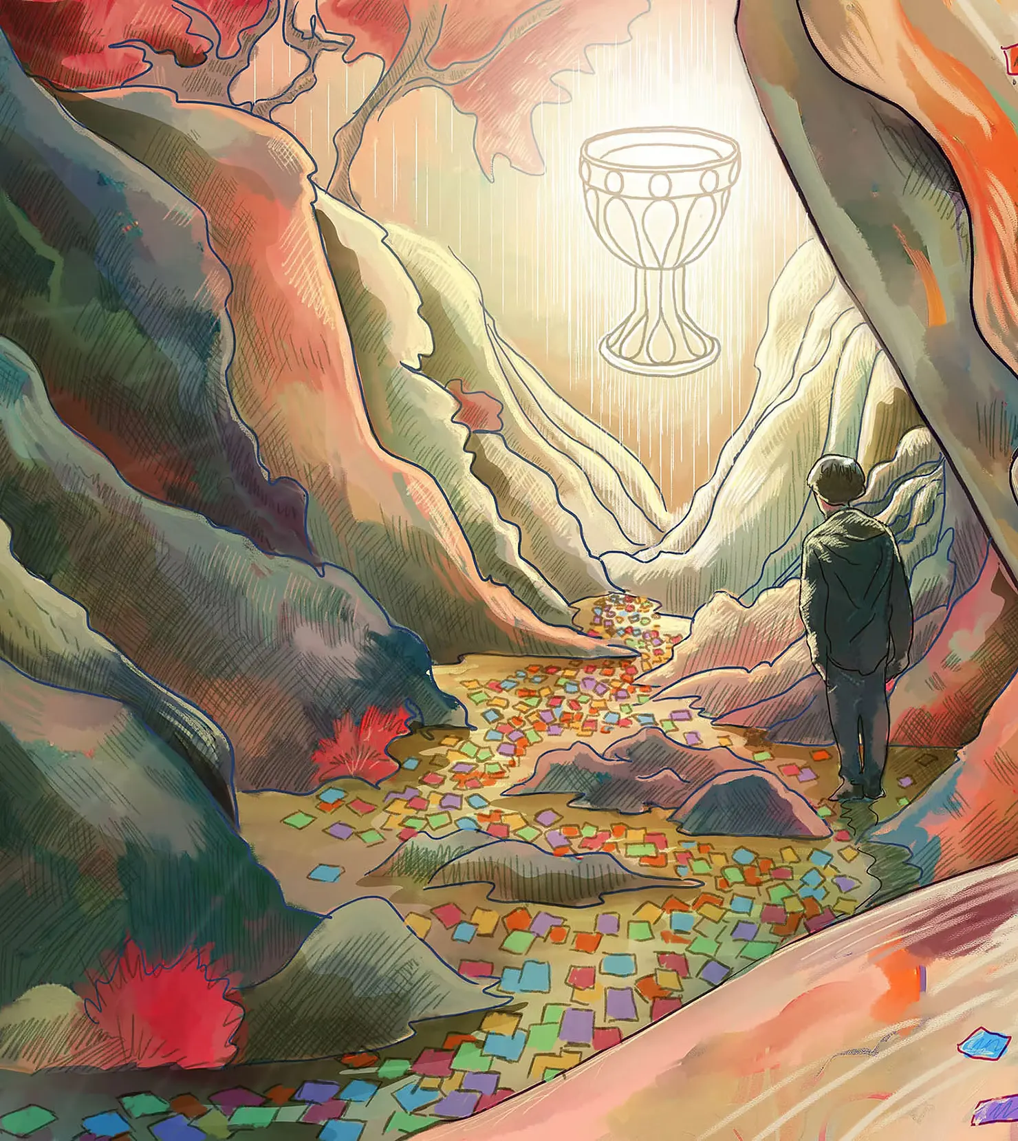 A figure walking a sticky-note path toward a glowing chalice between canyon walls.
