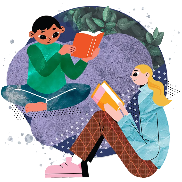 Illustration of two children sitting and reading books