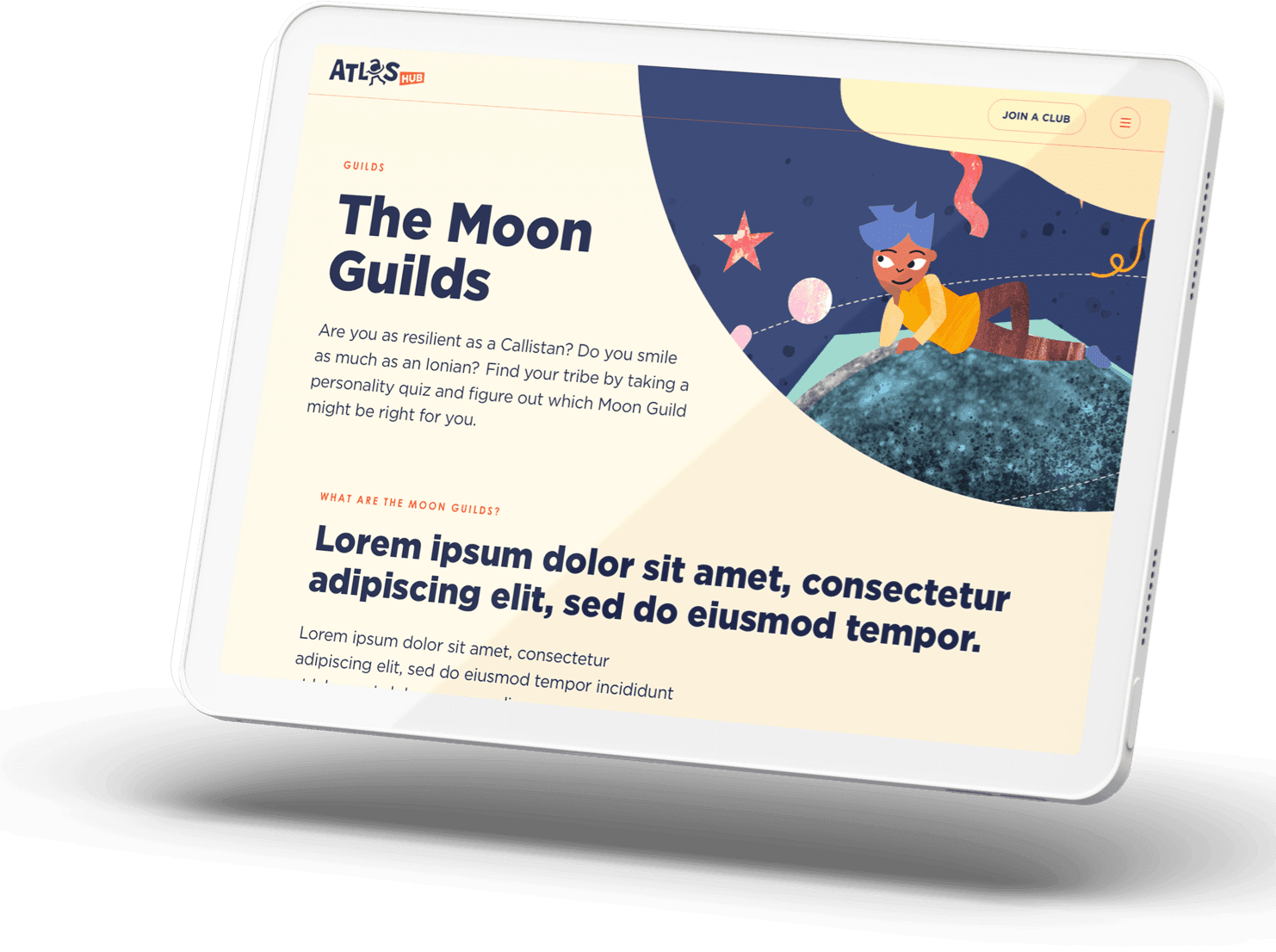 The Atlas Hub Moon Guilds page shown on a tablet