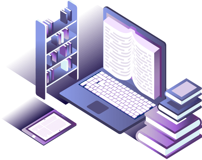Isometric illustration of a laptop showing an open book, a bookshelf, a tablet and a stack of books