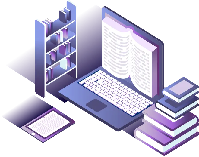 Isometric illustration of a laptop showing an open book, a bookshelf, a tablet and a stack of books